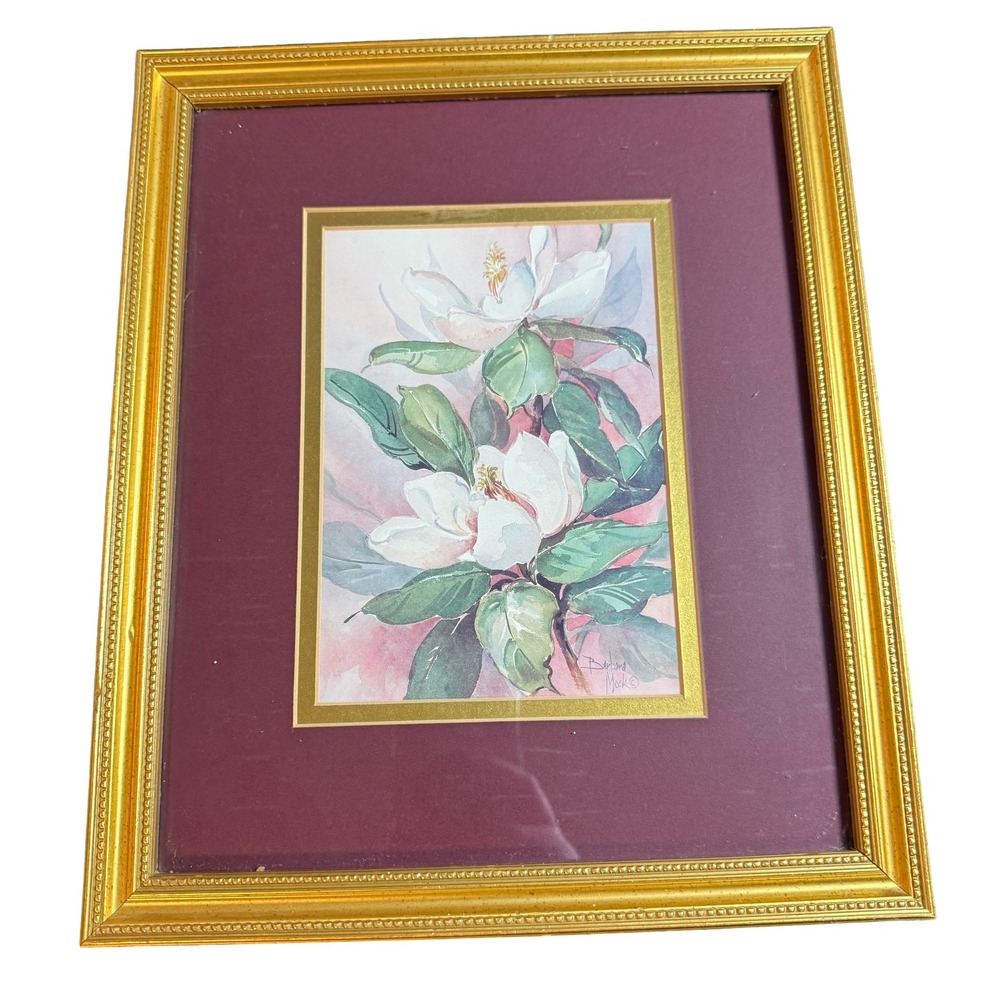 Vintage Barbara Mock White Floral Magnolia Print Gold Framed Wall Art 10x12 Sign